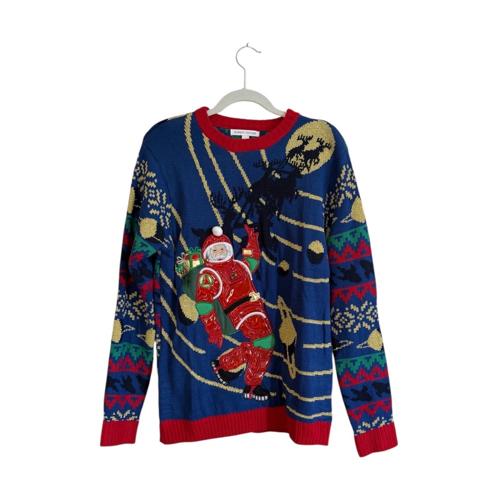 Ugly Christmas Sweater Astronaut Santa Sweater M Blue Space Holiday Moon Walk